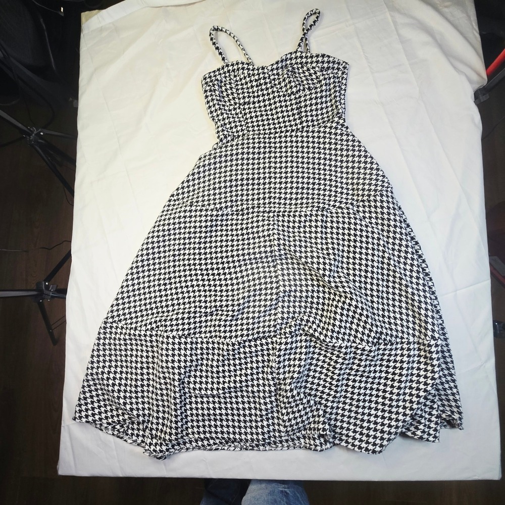 Callimoda Women's Houndstooth Midi Dress Large Black White Sleeveless A-Line
